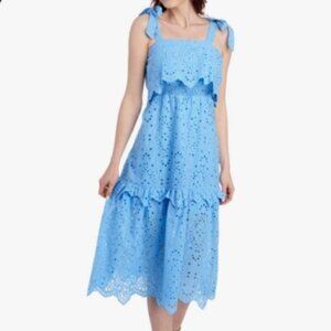 ESTELLINA New York Blue Eyelet Tiered Midi Dress